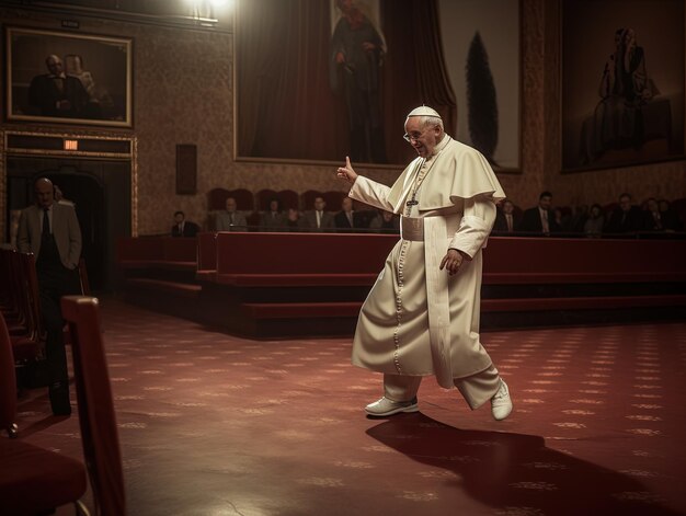 Foto un hombre religioso está caminando en un escenario con un cartel que dice papa