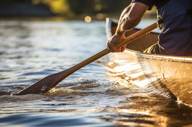 Hombre rema un remo en una canoa Río verano kayak deporte Generar Ai