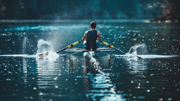 Foto un hombre remando un barco en un lago el agua está tranquila y el sol está brillando el hombre lleva una camiseta azul y pantalones cortos negros