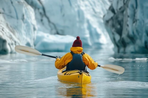 Un hombre remando en un kayak a través del lago glacial con el glaciar en el fondo