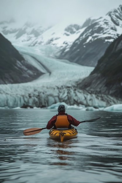 Un hombre remando en un kayak a través del lago glacial con el glaciar en el fondo