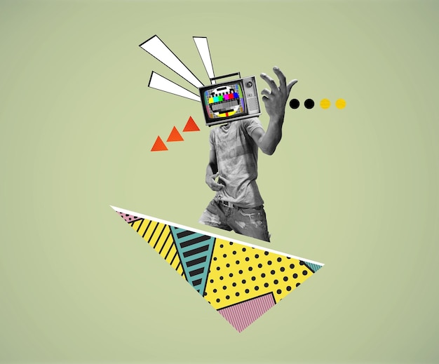 El hombre del Renacimiento encabezado por la vieja TV diseño moderno contemporáneo colorido collage de arte