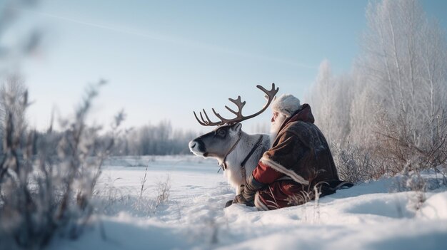 Un hombre y un reno en la nieve.