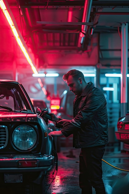 Foto un hombre está reparando un coche