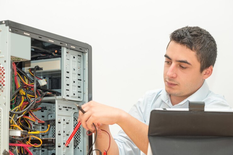 Foto hombre reparando la cpu en la mesa contra un fondo blanco