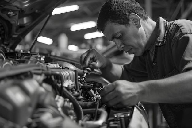 Hombre reparando el motor de un coche en el garaje