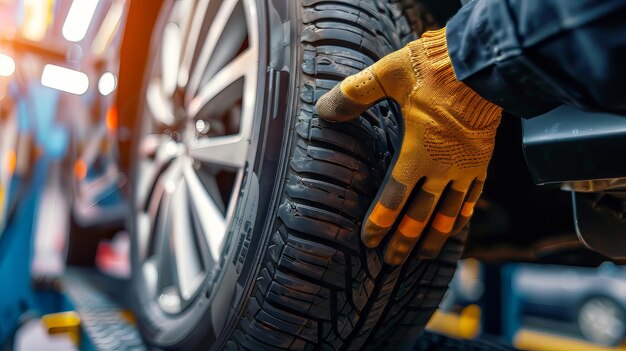 Foto hombre reparando un neumático de coche