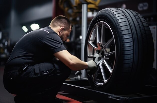 hombre reparando neumáticos de automóviles en una tienda de neumáticos de mantenimiento