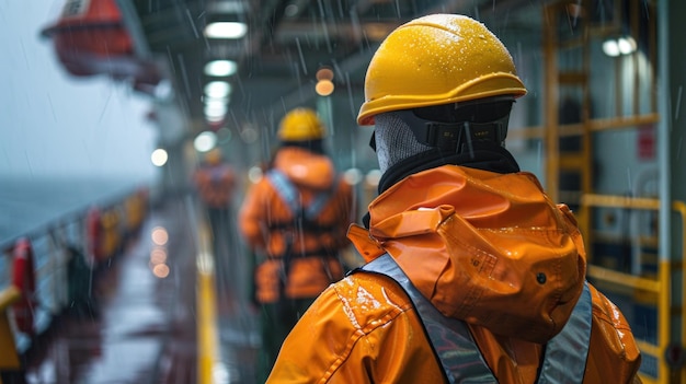 Foto un hombre está representado con un casco y una chaqueta naranja mientras trabaja en un sitio de construcción.