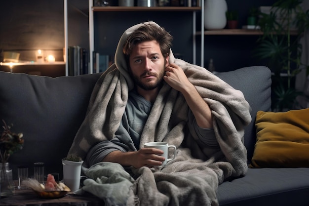 Hombre con un resfriado en el sofá en casa bebiendo una bebida caliente y cubierto por una manta concepto de enfermedad