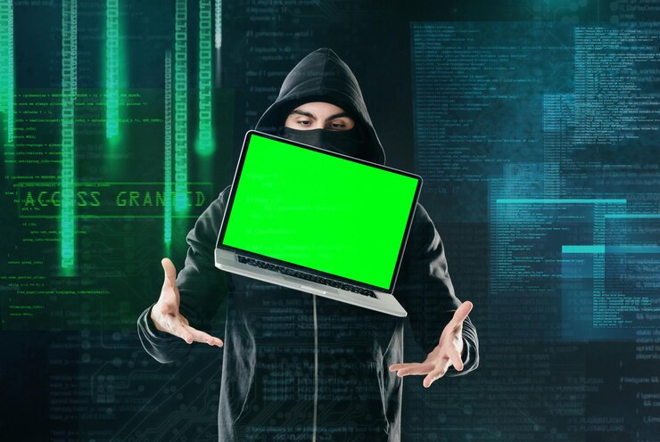 Foto hombre y retrato en fondo negro para hackear phishing y malware con pantalla verde software de hacker y tecnología flotante para hacktivismo de cibercrimen o ladrón de criptomonedas con maqueta