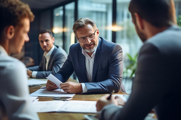 Hombre en una reunión de negocios discutiendo estrategias para administrar la deuda de la compañía