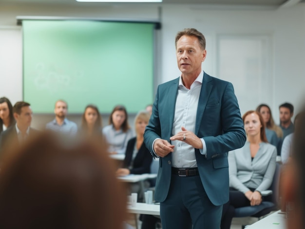 Hombre en una reunión de negocios liderando con confianza