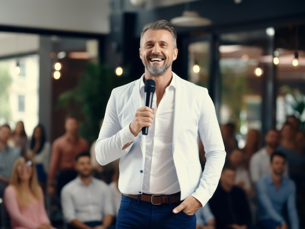 Foto hombre en una reunión de negocios liderando con confianza