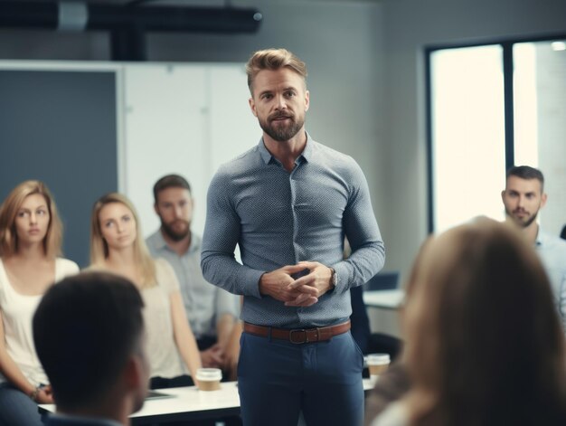 Hombre en una reunión de negocios liderando con confianza