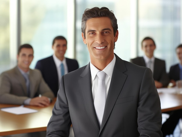 Foto hombre en una reunión de negocios liderando con confianza