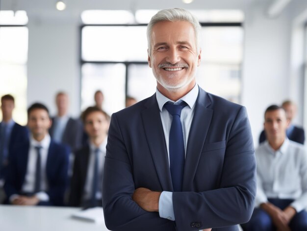 Hombre en una reunión de negocios liderando con confianza