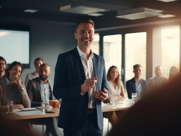 Hombre en una reunión de negocios liderando con confianza