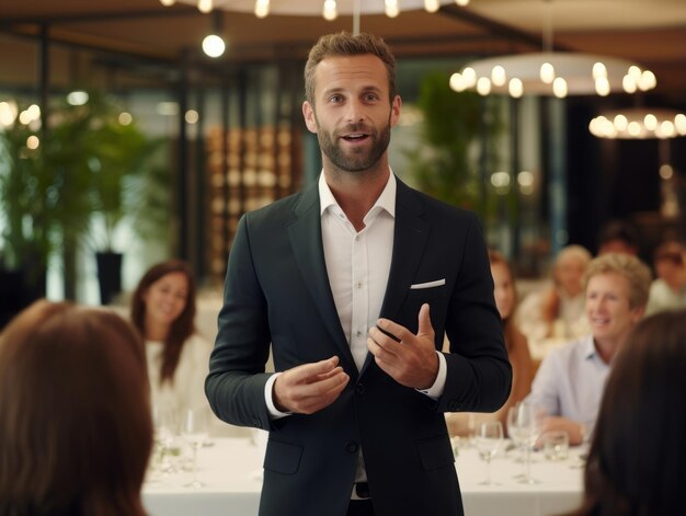 Hombre en una reunión de negocios liderando con confianza