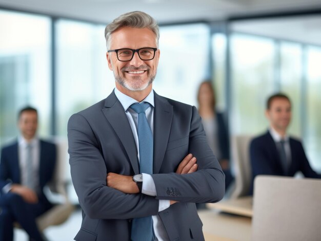 Hombre en una reunión de negocios liderando con confianza