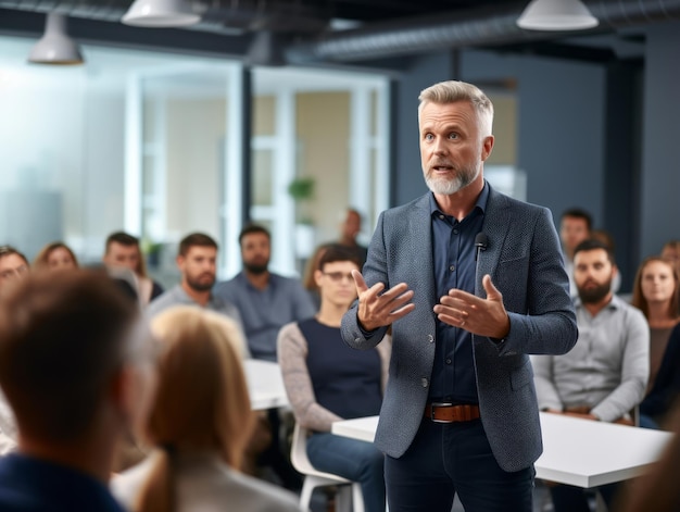 Hombre en una reunión de negocios liderando con confianza