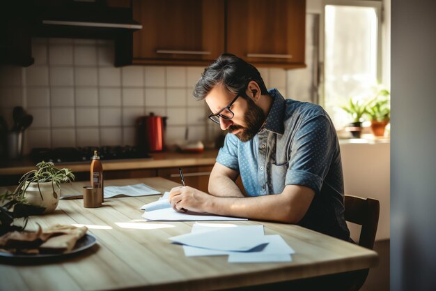 un hombre revisando las facturas de la deuda y las finanzas del hogar