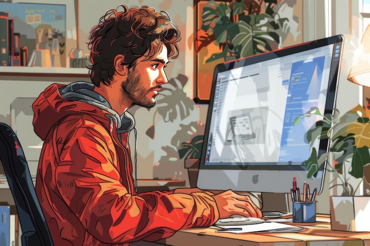 Foto un hombre revisando un plano de piso de un apartamento en una pantalla de computadora antes de la compra