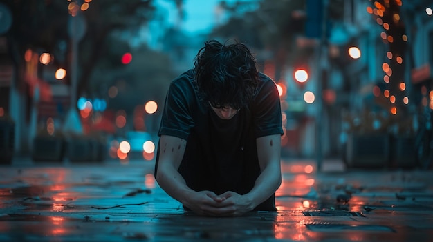 un hombre reza en la calle por la noche