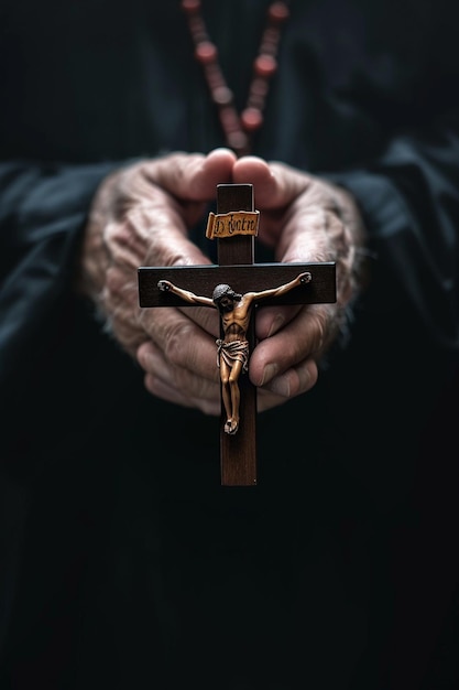 un hombre reza con una cruz en las manos