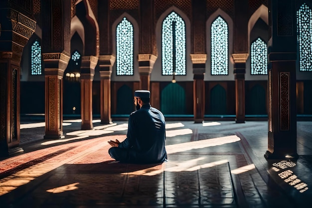 Un hombre reza en una mezquita.