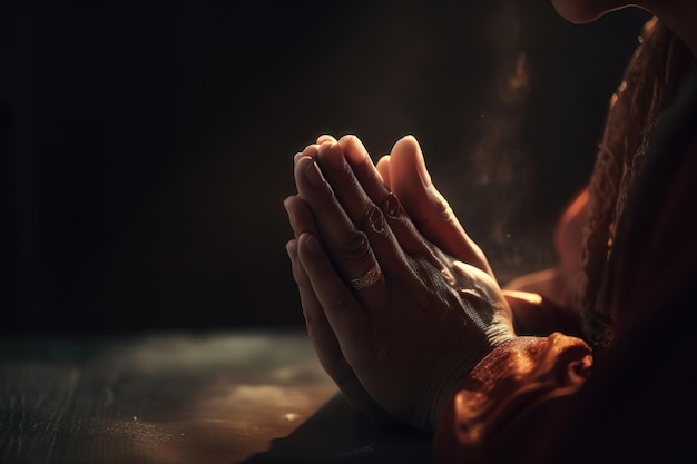 Un hombre rezando con las manos cruzadas en la oscuridad.