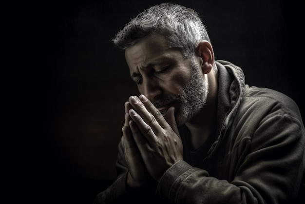 Un hombre rezando con las manos juntas y la palabra dios en la parte delantera de su camisa.