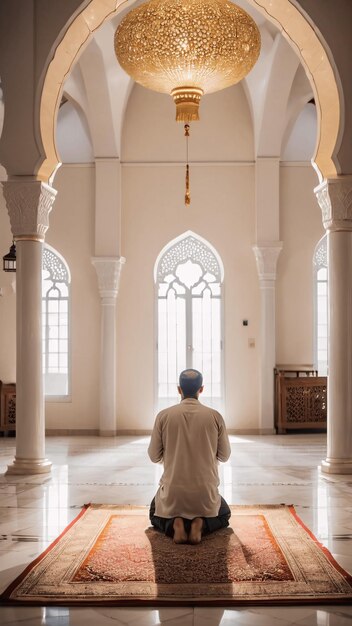 Un hombre rezando solo dentro de la mezquita