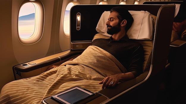 Hombre rico y guapo durmiendo en un avión de primera clase suite de lujo de primera clase o clase ejecutiva