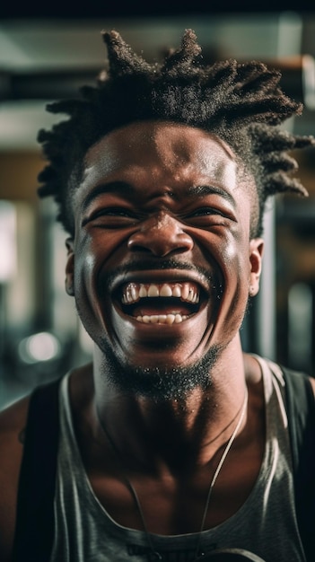 Un hombre riendo en un gimnasio con una sonrisa en su rostro.