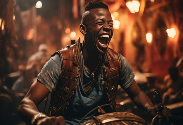 Hombre riendo mientras anda en motocicleta