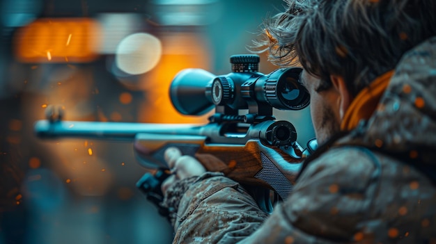 Foto hombre con un rifle y apuntando a la cámara