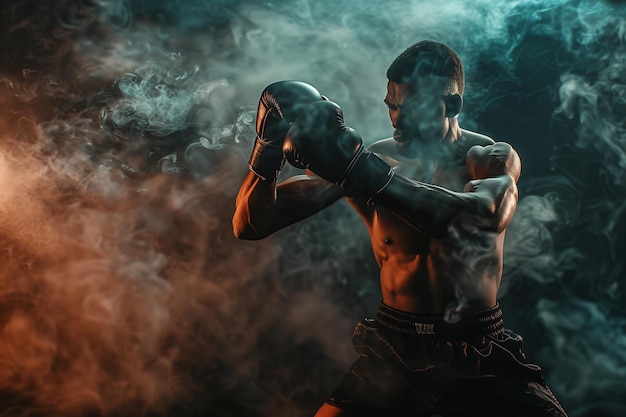 Un hombre en un ring de boxeo con humo en el fondo