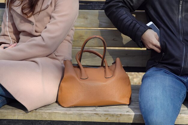 Hombre roba el teléfono del bolso de una mujer en el parque, de cerca