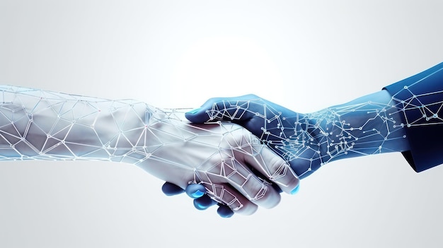 Hombre y robot estrechando las manos Cerca en las manos Fondo ligero con un patrón abstracto
