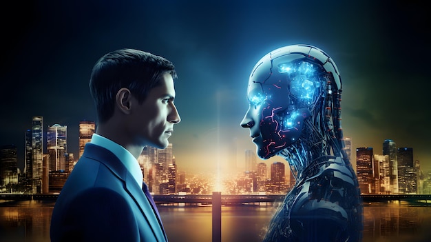 Hombre y robot de IA se miran el uno al otro Concepto e idea de guerra entre humanos y robots en el futuro