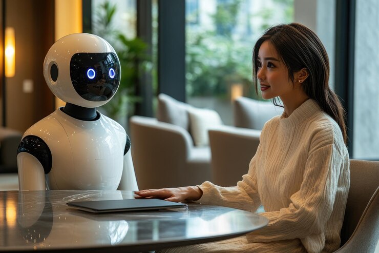 Hombre y robot de IA en una reunión