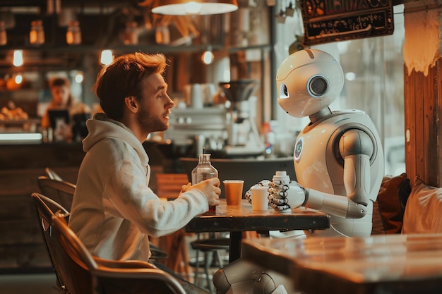 Hombre y robot sentados en un café brillante