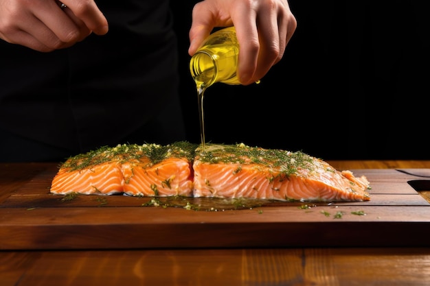 Foto hombre rociando aceite de oliva sobre el salmón en una tabla de cedro