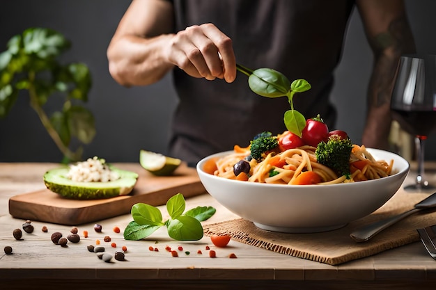 Foto un hombre está rociando brócoli en un plato de pasta.