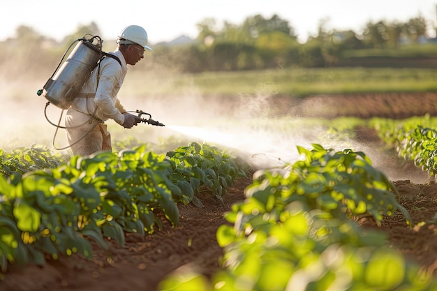 Un hombre rociando pesticida en un campo