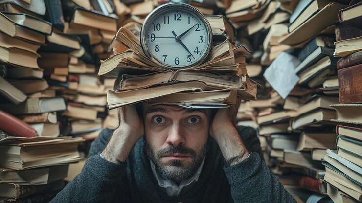 Un hombre rodeado de libros sostiene un reloj en un estudio desordenado que refleja la presión del tiempo y el caos