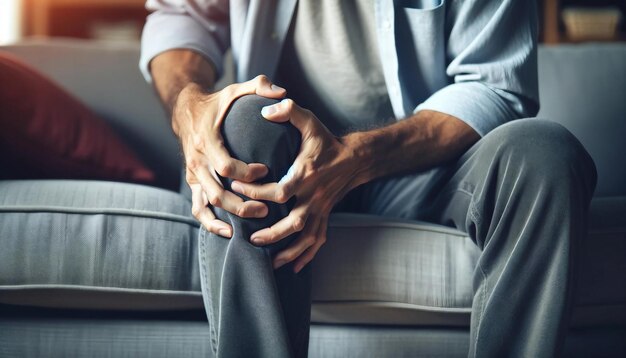 Hombre con la rodilla en dolor sentado en un sofá gris