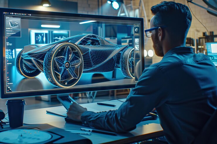 Foto hombre con ropa azul en el interior trabajando en una rueda de coche negra herramientas de ingeniería y máquinas visibles