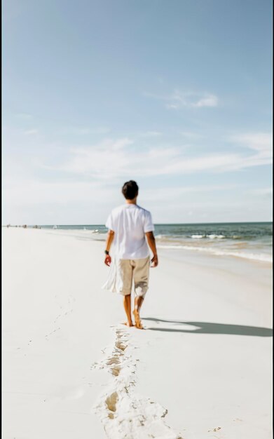 Foto hombre con ropa blanca caminando por una playa blanca